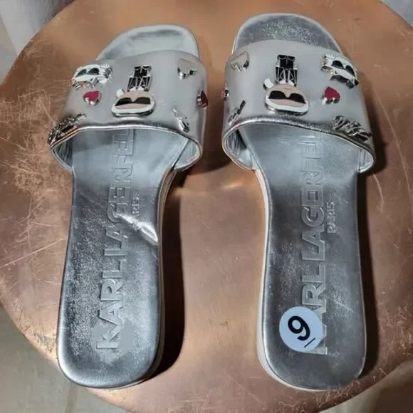 Karl Lagerfeld Paris Women's Jeslyn Embellished Slide Sandals Silver (Size 9) - Picture 3 of 4